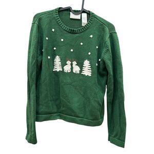 Vintage Liz Claiborne Reindeer Christmas Sweater Women’s S Green Knit Holiday